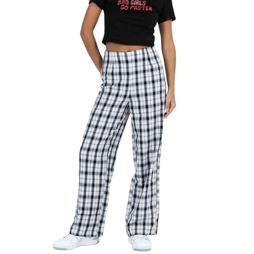 Princess Polly Black and White Plaid Straight Leg Pants